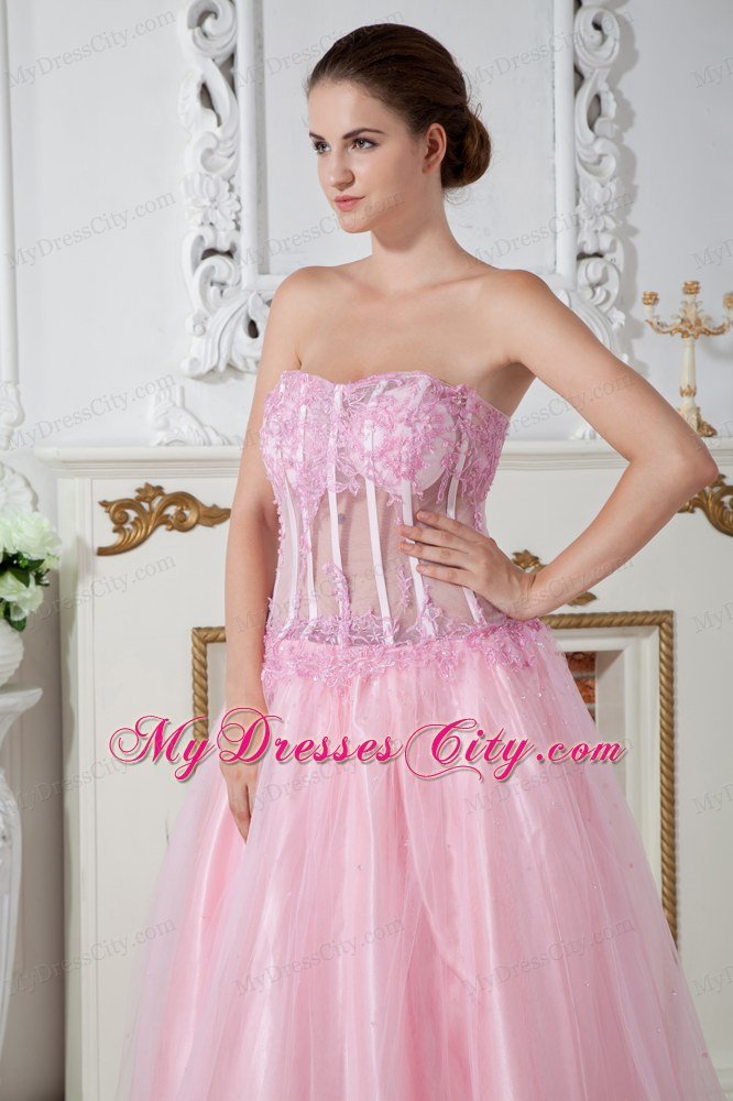 Baby Pink Column Strapless Appliques Brush Train Prom Dress