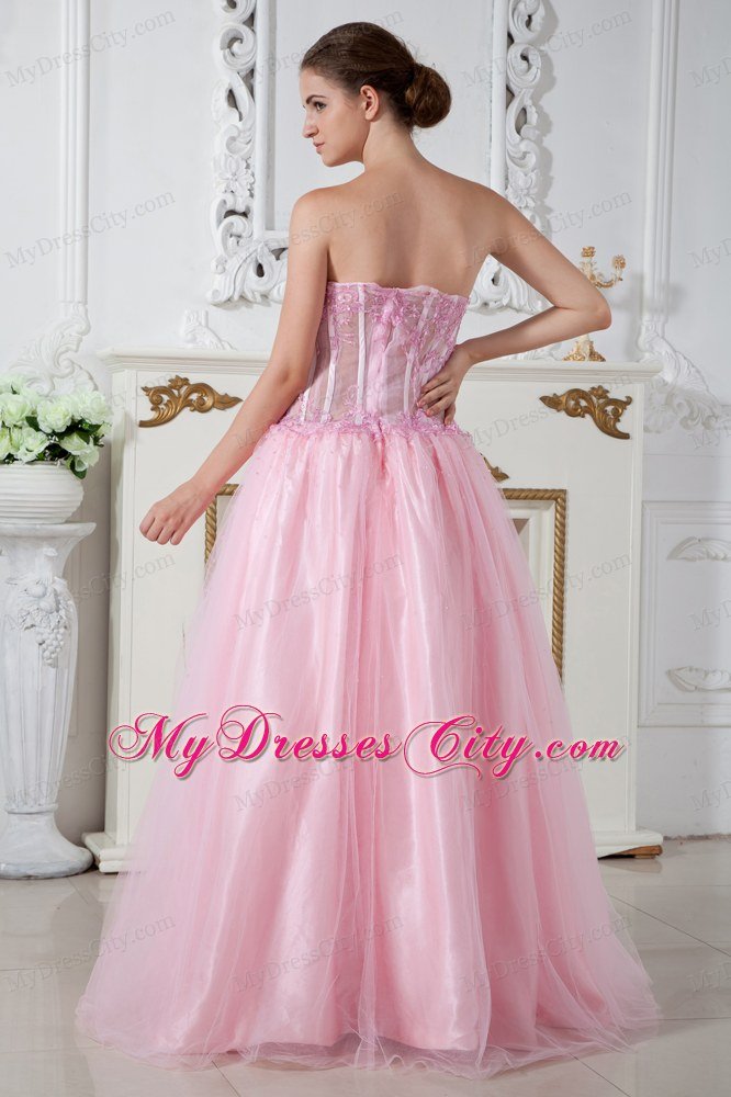 Baby Pink Column Strapless Appliques Brush Train Prom Dress