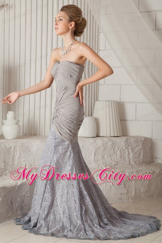 Grey Trumpet Sweetheart Dress for Prom with Lace Court Train