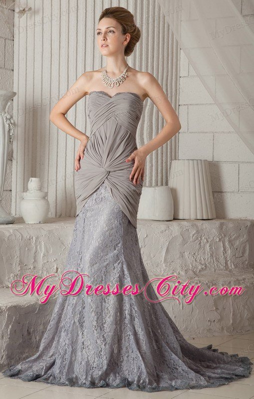 Grey Trumpet Sweetheart Dress for Prom with Lace Court Train