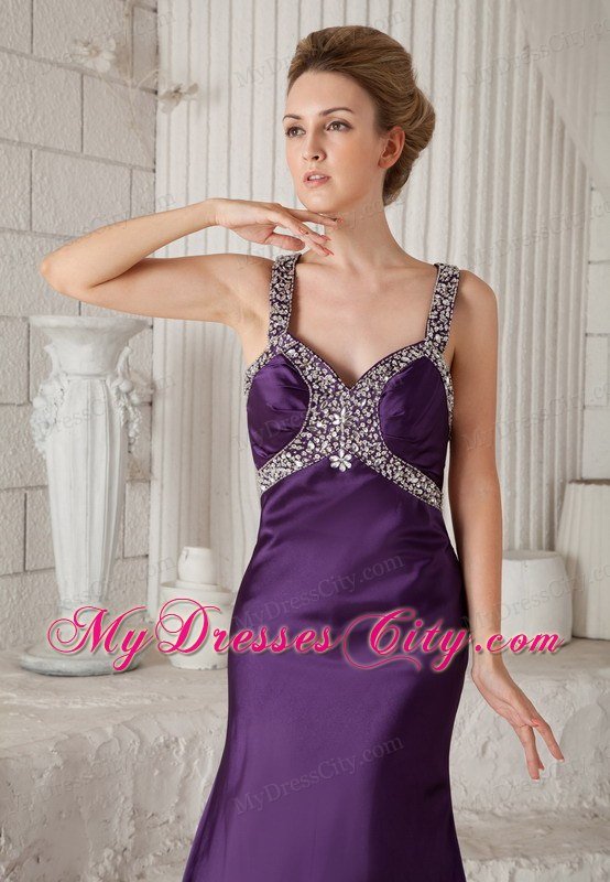 Eggplant Purple Mermaid Straps Brush Train Beaded Prom Dress