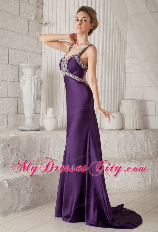 Eggplant Purple Mermaid Straps Brush Train Beaded Prom Dress