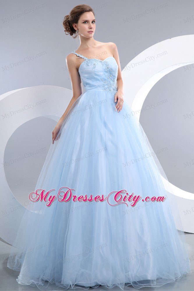 Beautiful Tulle Floor-length Baby Blue One Shoulder Prom Gown