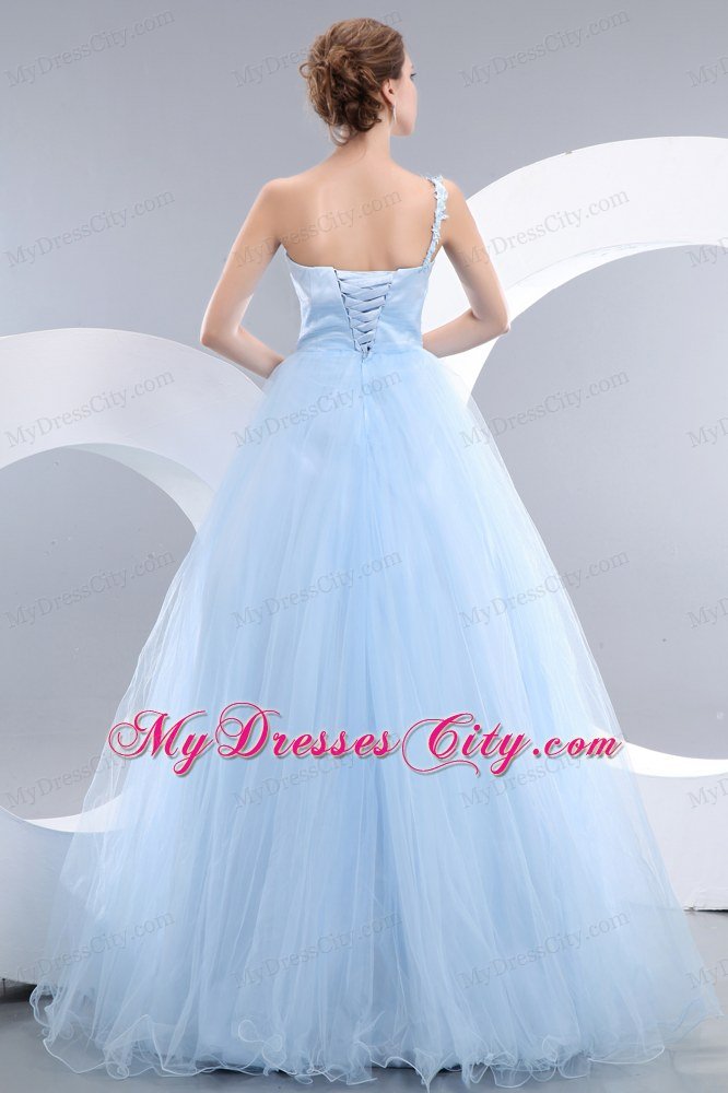 Beautiful Tulle Floor-length Baby Blue One Shoulder Prom Gown