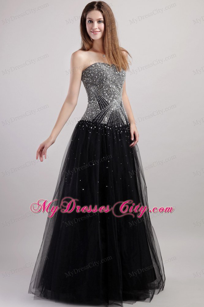 Net Beading Prom Dress Black Column Strapless Floor-length