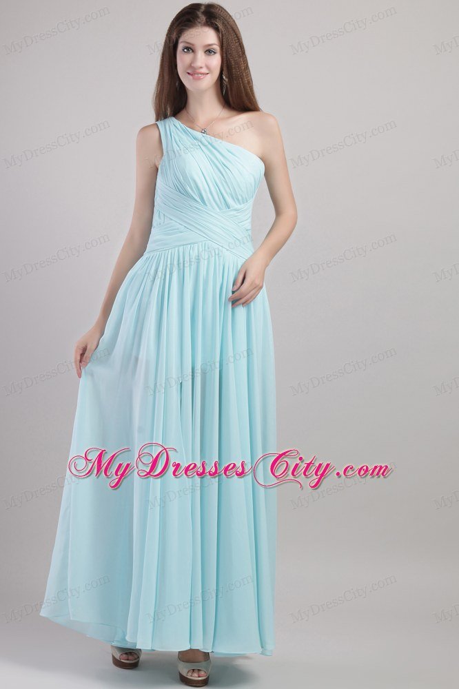 One Shoulder Light Blue Ankle-length Prom Dress with Ruche
