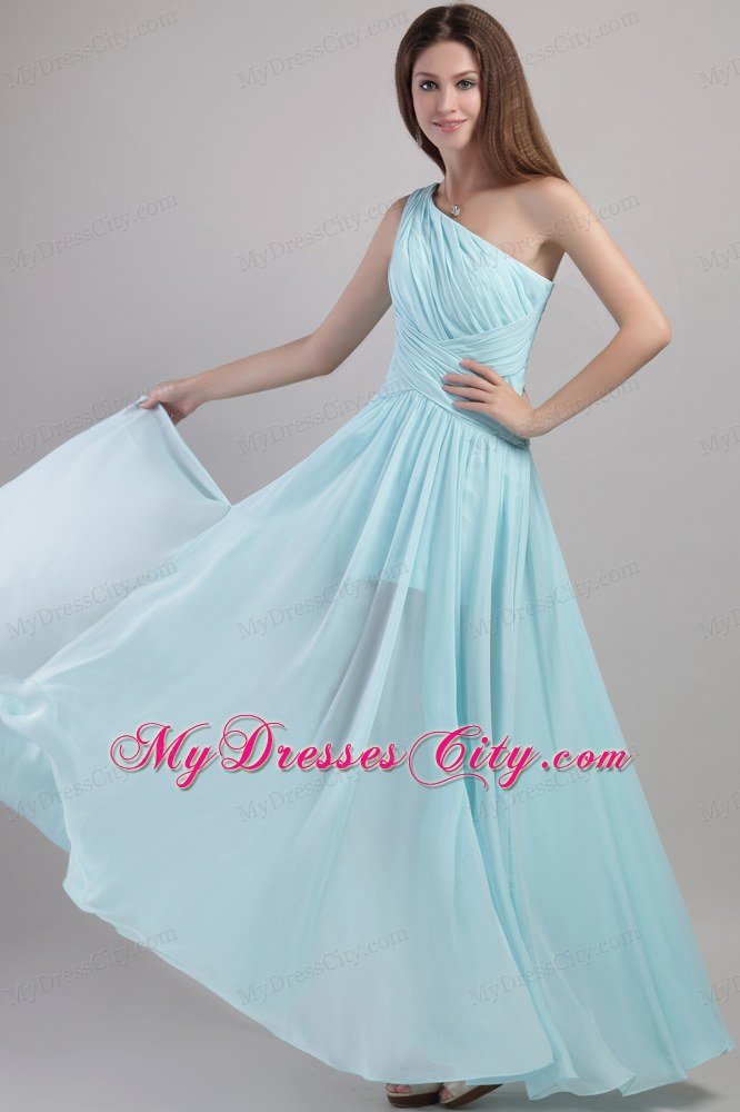 One Shoulder Light Blue Ankle-length Prom Dress with Ruche