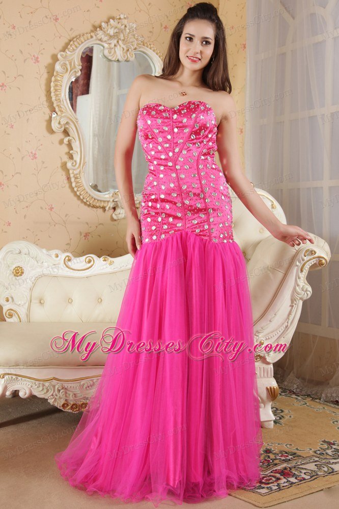 2013 Mermaid Strapless Hot Pink Brush Train Prom Dress Beading