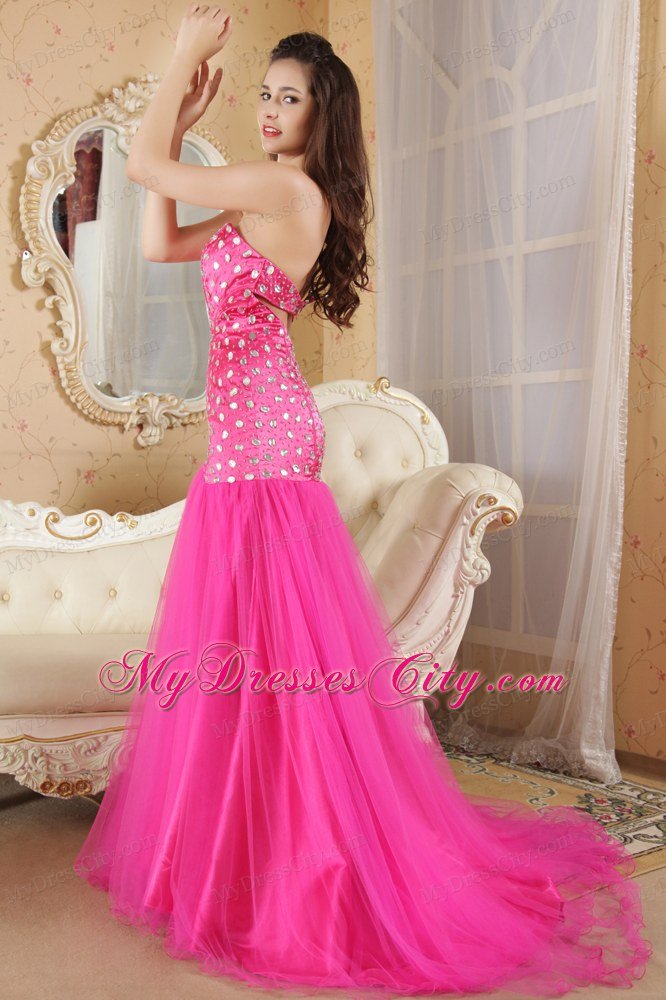 2013 Mermaid Strapless Hot Pink Brush Train Prom Dress Beading