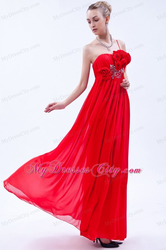 One Shoulder Red Empire Prom Dress Beading and Hand Flowers