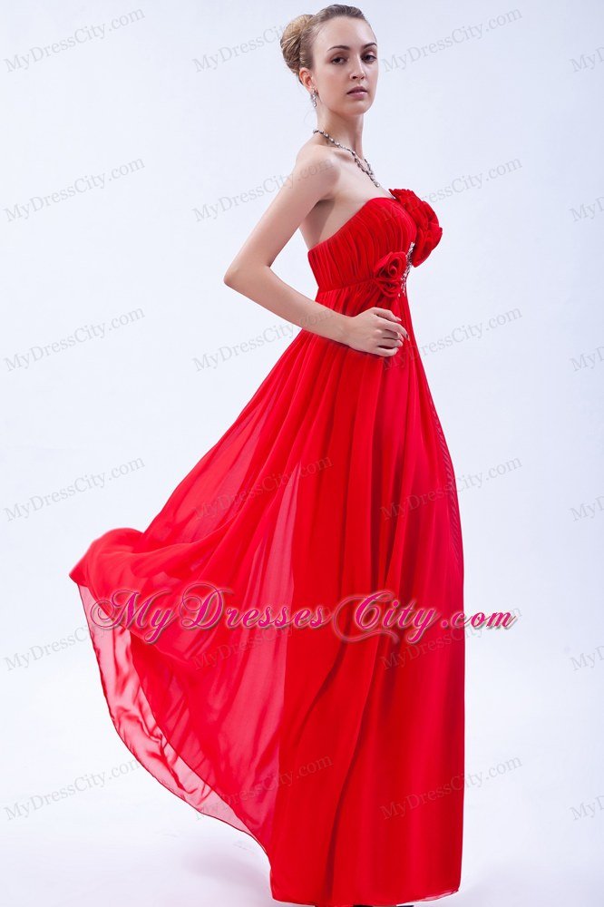 One Shoulder Red Empire Prom Dress Beading and Hand Flowers