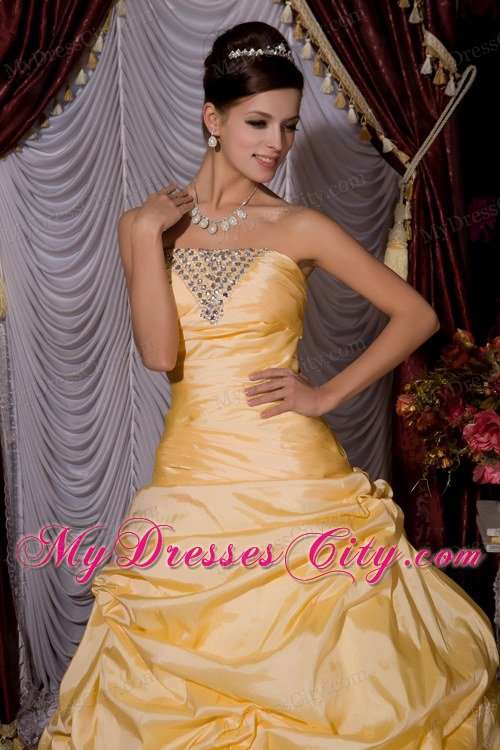 Gold A-line Strapless Sweet 16 Dress for Prom Beading Floor-length