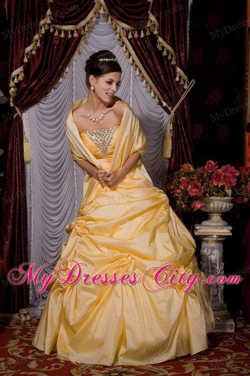 Gold A-line Strapless Sweet 16 Dress for Prom Beading Floor-length