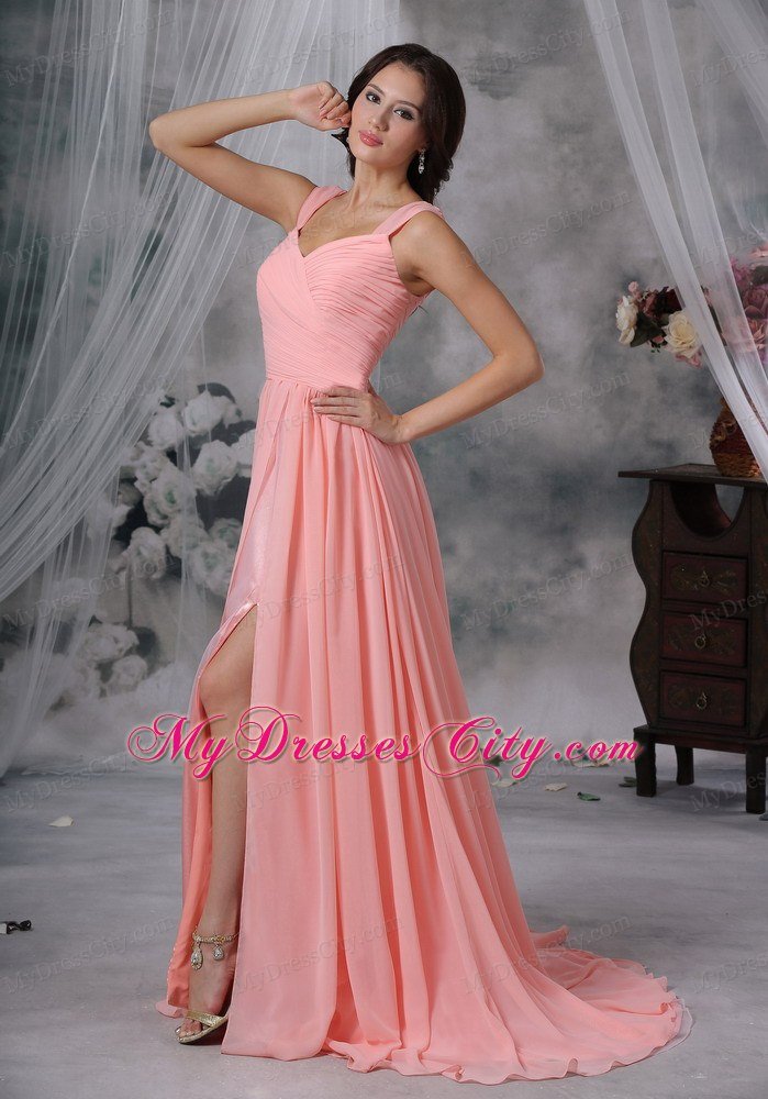 High Slit Chiffon Straps Ruching Watermelon Prom Dresses for Women