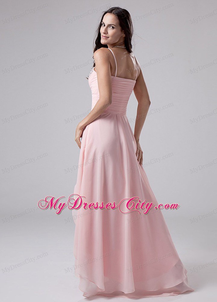 Baby Pink Beaded Spaghetti Straps Chiffon Highlow Prom Dress