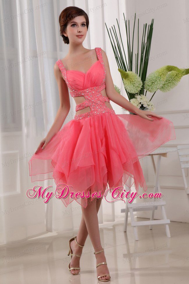 Beaded Straps Sexy Watermelon Prom Dress with Cut Out Waist