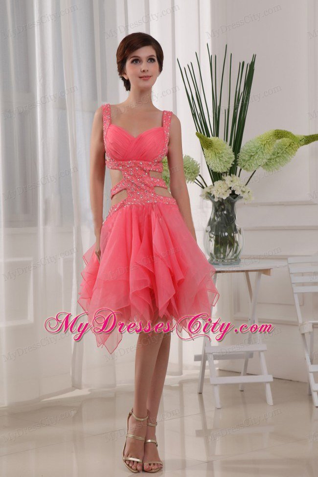 Beaded Straps Sexy Watermelon Prom Dress with Cut Out Waist