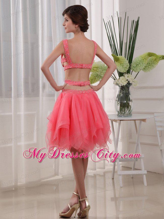Beaded Straps Sexy Watermelon Prom Dress with Cut Out Waist