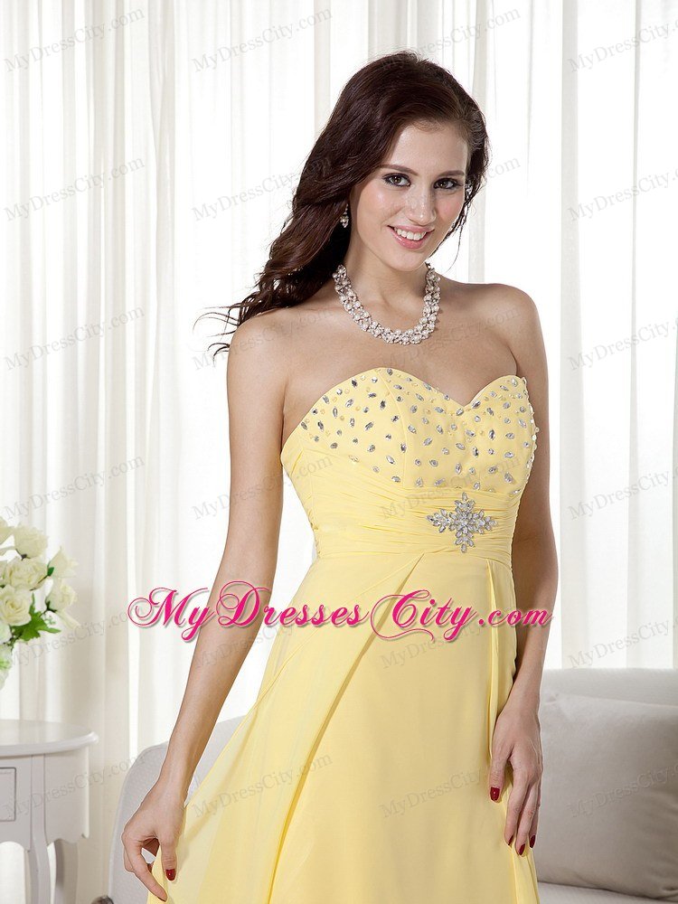 Yellow High-low Chiffon Beading Prom Evening Dress