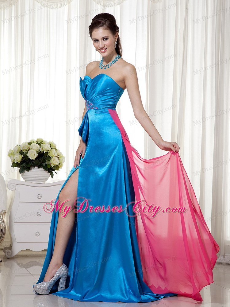 Teal and Hot Pink Elastic Woven Satin Beaded Prom Gown