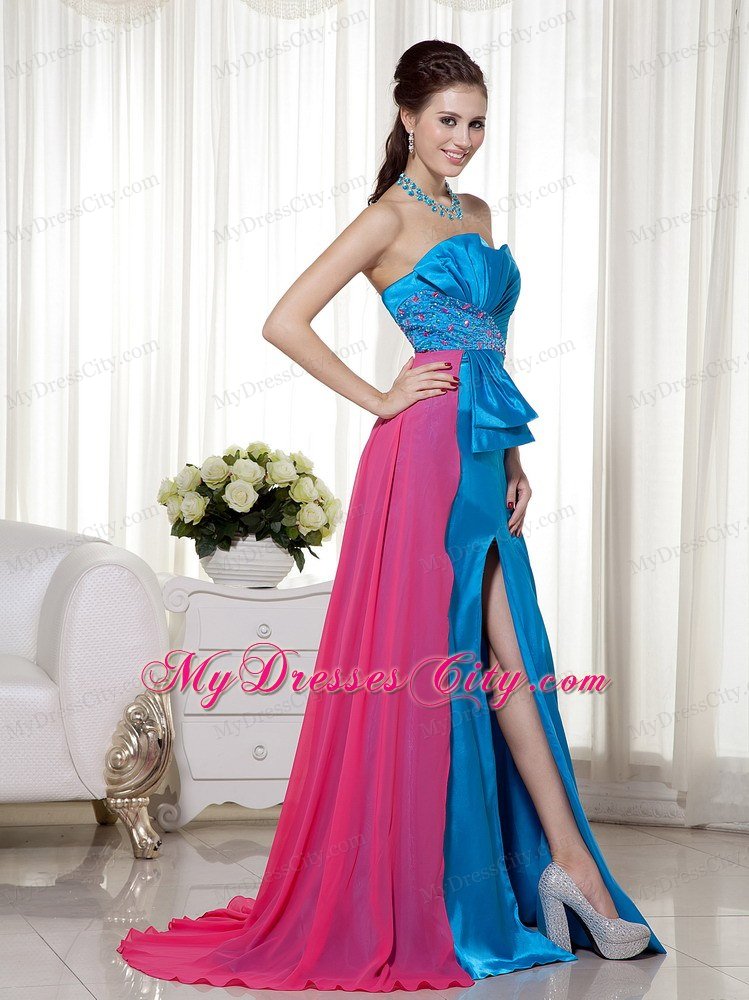 Teal and Hot Pink Elastic Woven Satin Beaded Prom Gown