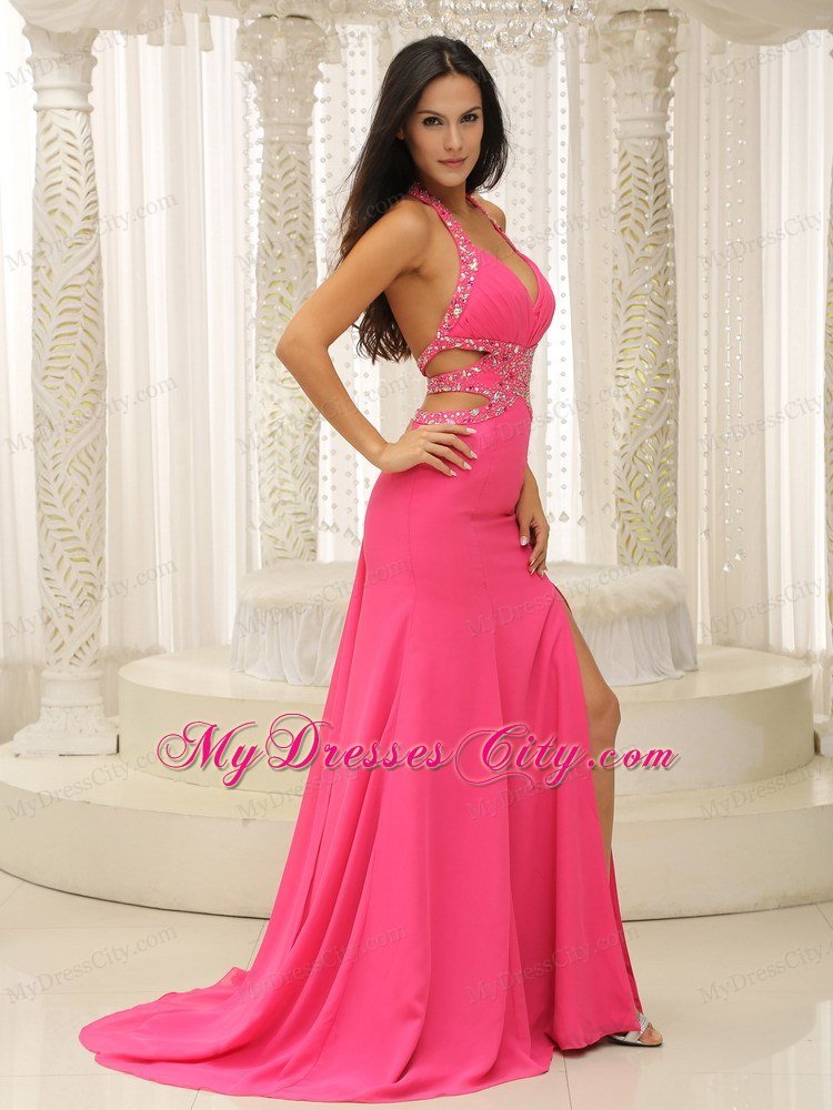 Hot Pink Halter Beaded Decorate Prom Dress with Cut Out Waist