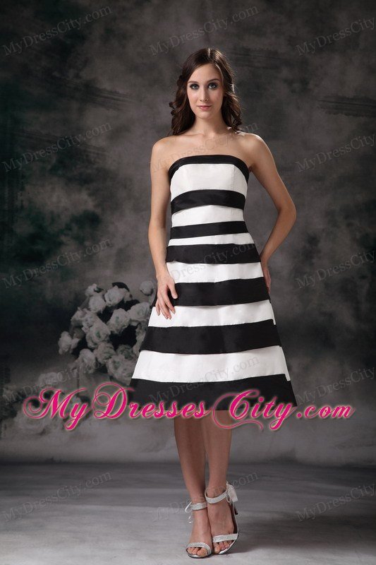 Black and White A-line Knee-length Satin Prom Bridesmaid Dress