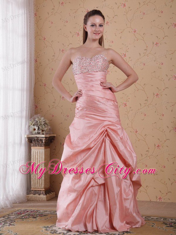 Popular Peach Column Taffeta Beaded Dress for Prom
