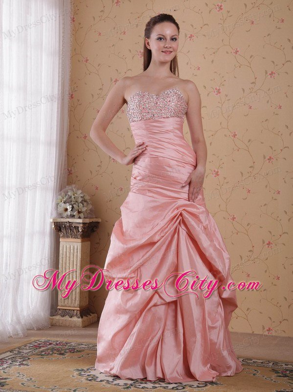 Popular Peach Column Taffeta Beaded Dress for Prom