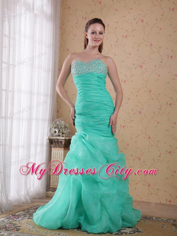 Turquoise Mermaid Brush Train Beading and Ruches Prom Gown