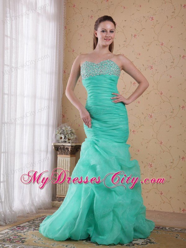 Turquoise Mermaid Brush Train Beading and Ruches Prom Gown