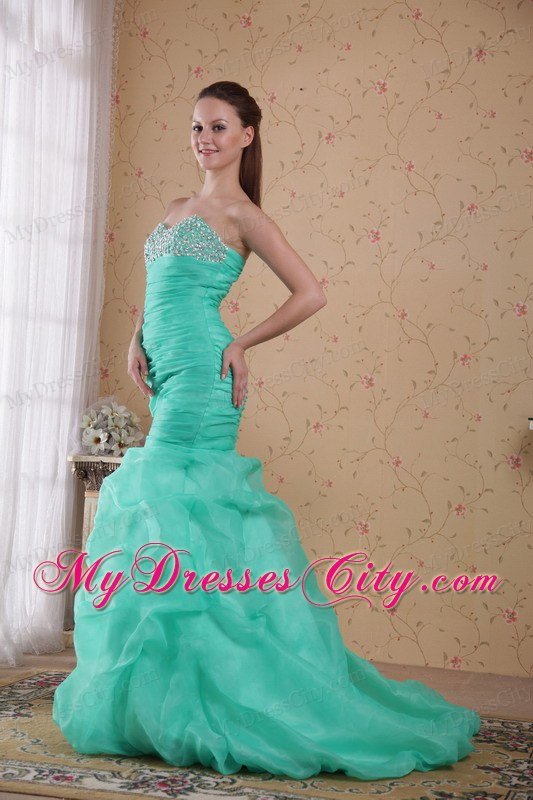 Turquoise Mermaid Brush Train Beading and Ruches Prom Gown