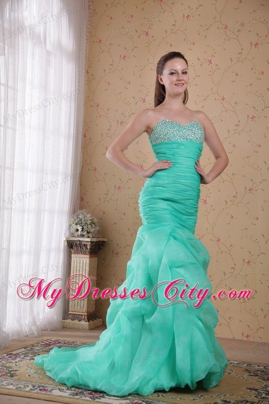 Turquoise Mermaid Brush Train Beading and Ruches Prom Gown