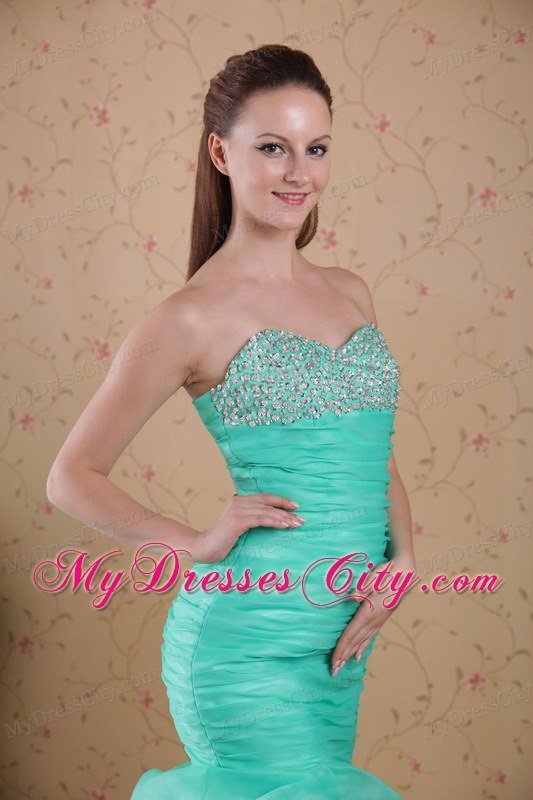 Turquoise Mermaid Brush Train Beading and Ruches Prom Gown