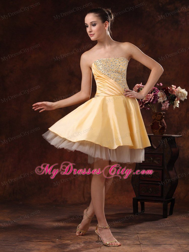 Beaded Strapless Ruching Gold Short Prom Dress for Girls