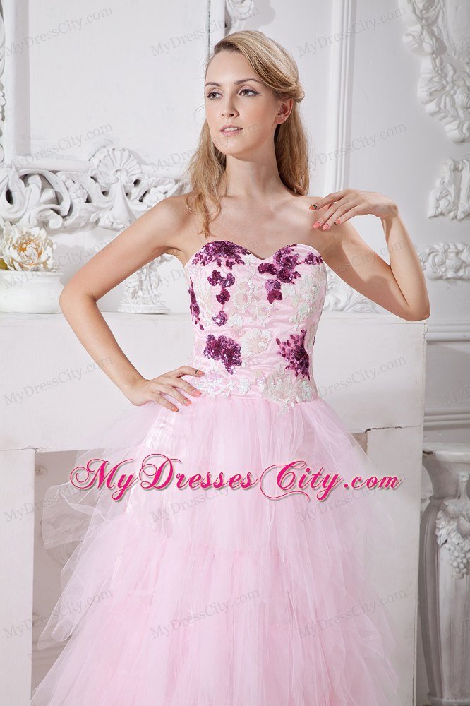 Sweetheart Appliques Ruffles Tulle Baby Pink 2013 Prom Dress
