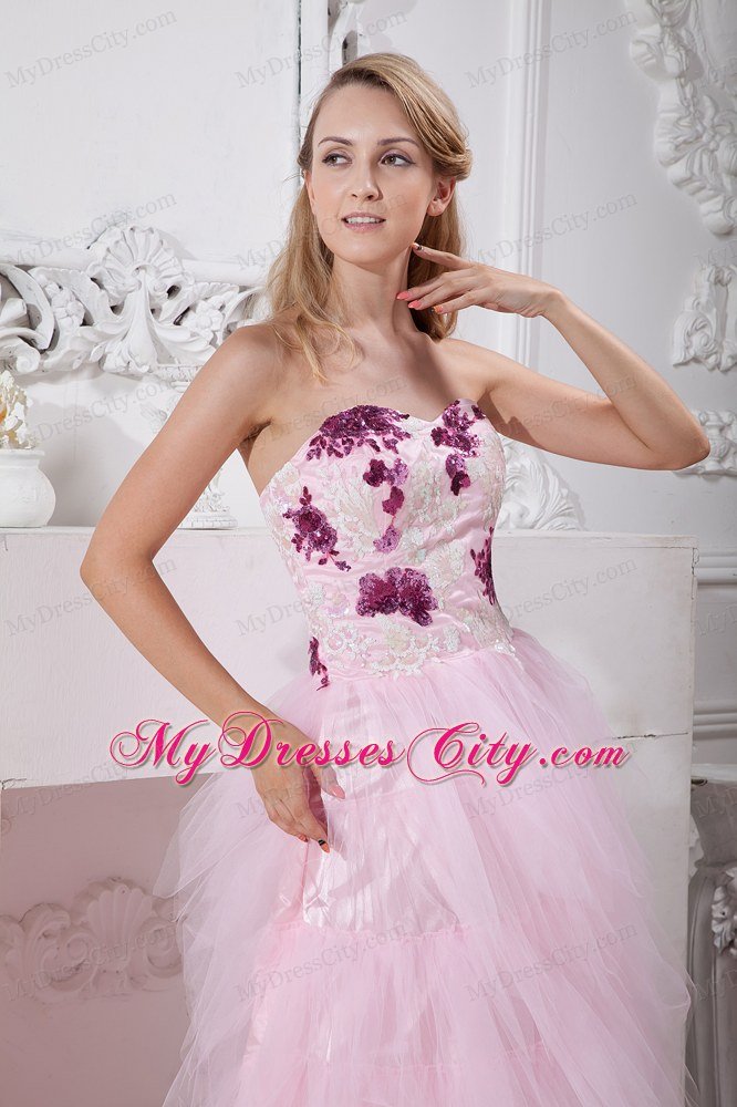 Sweetheart Appliques Ruffles Tulle Baby Pink 2013 Prom Dress
