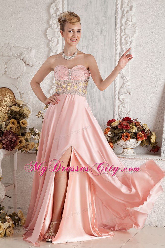 Baby Pink High Slit Sweetheart Beading Prom Dress with Brush Train