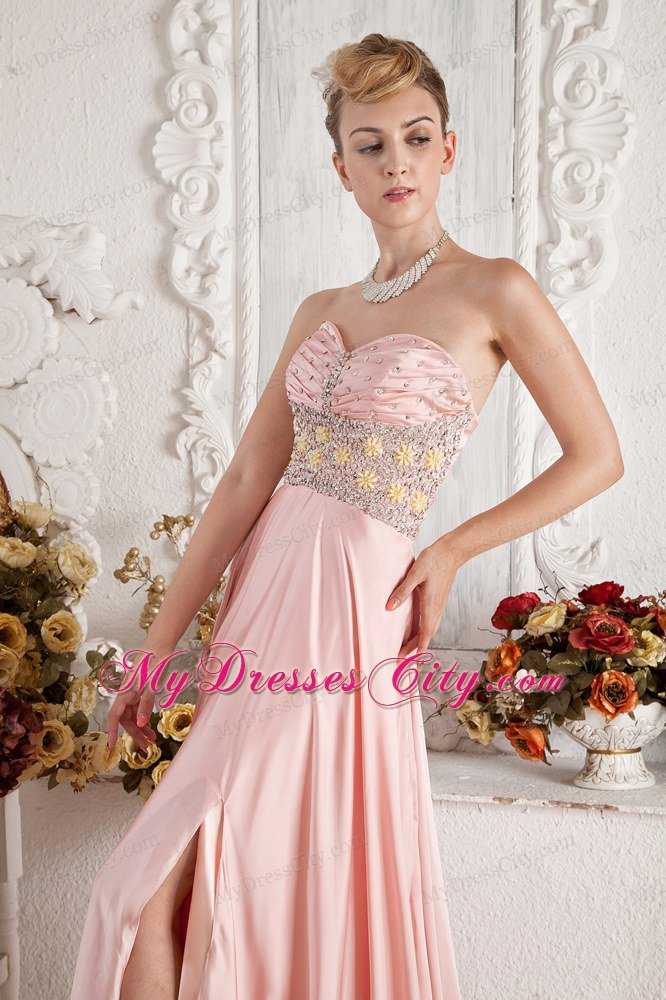 Baby Pink High Slit Sweetheart Beading Prom Dress with Brush Train