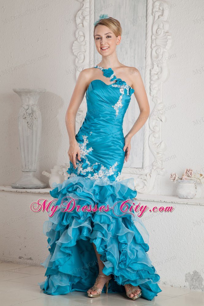 Organza One Shoulder Strap Mermaid Ruffles 2013 Teal Prom Dress