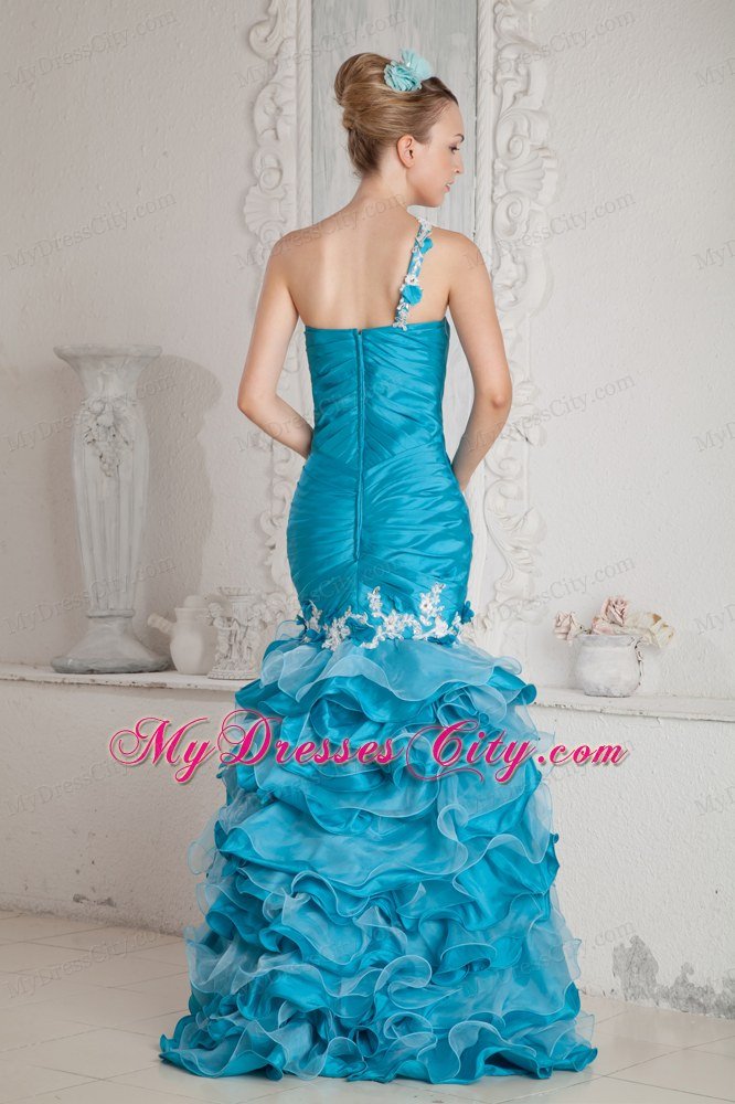 Organza One Shoulder Strap Mermaid Ruffles 2013 Teal Prom Dress