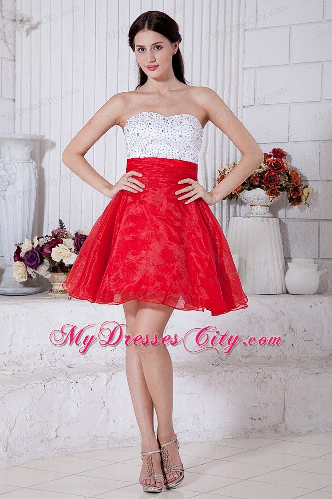 Organza Short Beading Red and White Prom Dress 2013