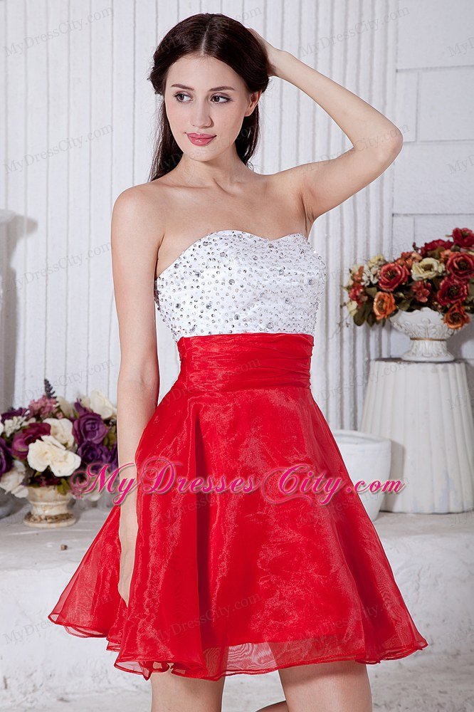 Organza Short Beading Red and White Prom Dress 2013