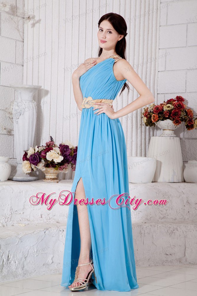 Chiffon Empire One Shoulder Belt Aqua Blue Prom Gown