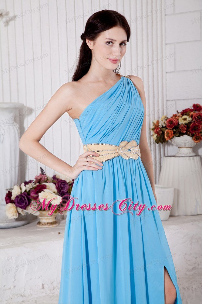 Chiffon Empire One Shoulder Belt Aqua Blue Prom Gown