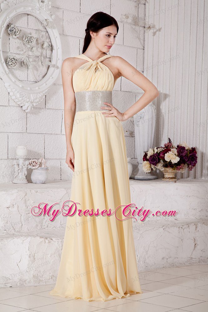 Empire Straps Chiffon Light Yellow Prom Dress With Silver Belt