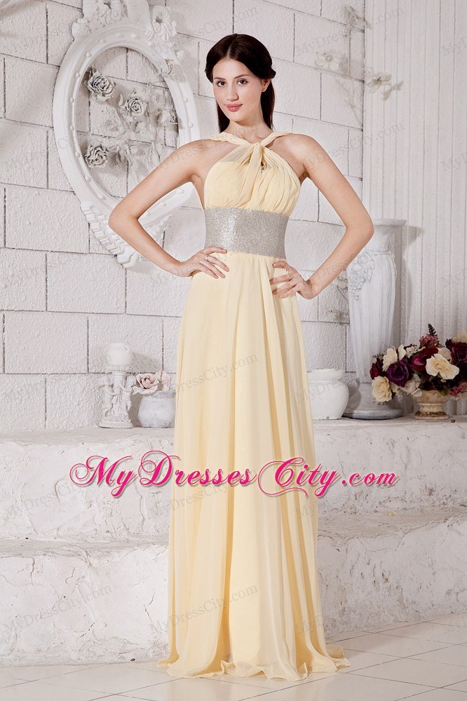 Empire Straps Chiffon Light Yellow Prom Dress With Silver Belt