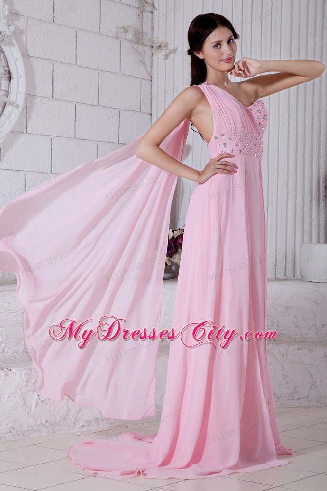 Pink Single Shoulder Beading Prom Dress with Watteau Train