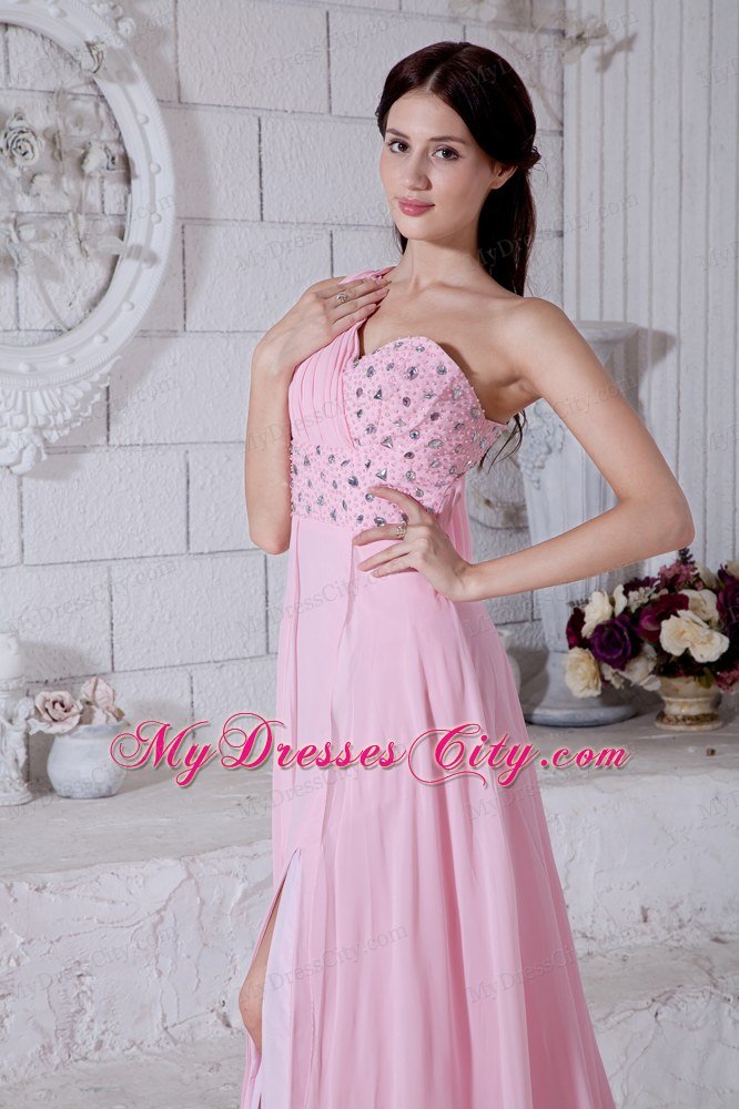 Pink Single Shoulder Beading Prom Dress with Watteau Train