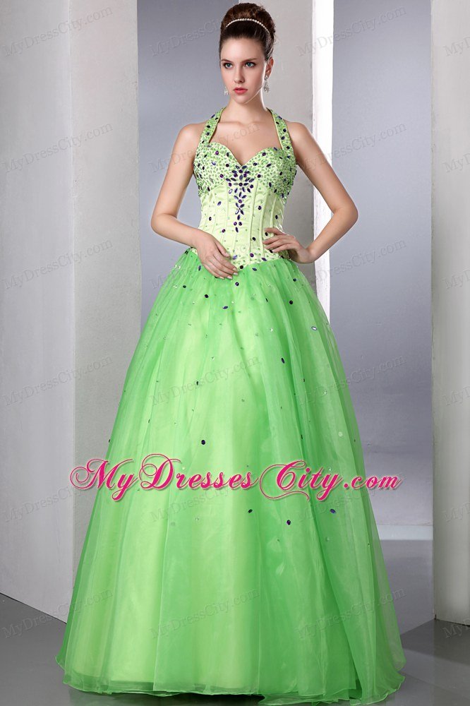 Satin and Organza Beading A-line Halter Spring Green Prom Dress